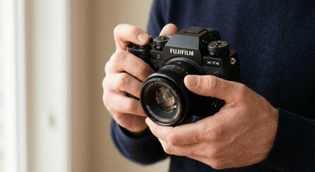 Tangan memegang kamera saat belajar teknik dasar fotografi