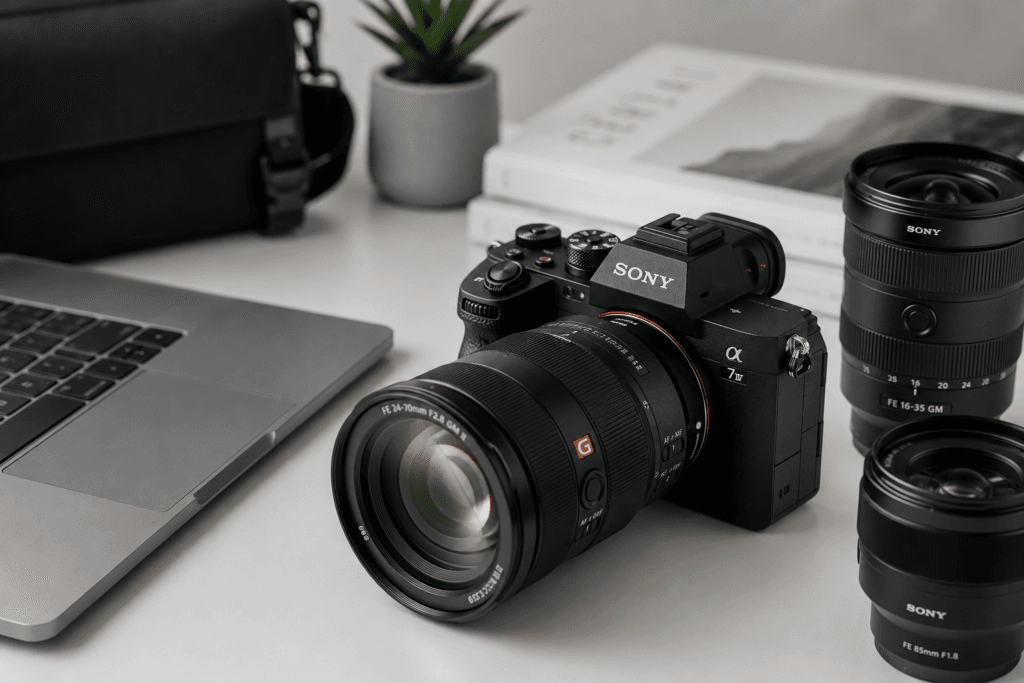 Lensa kamera fotografi profesional tampak dari dekat dengan detail focus ring