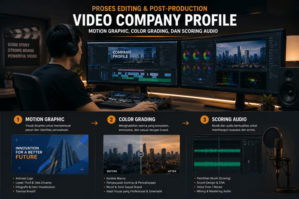 Proses Editing & Post-Production Video Company Profile: Motion Graphic, Color Grading, dan Scoring Audio