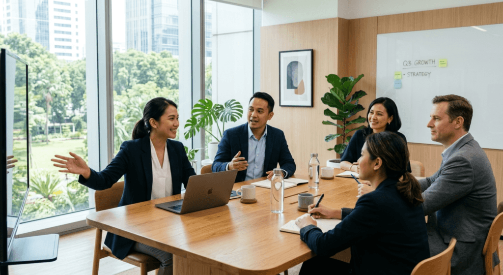 Tim profesional berdiskusi strategi Business Profile dan Company Profile perusahaan di ruang meeting modern