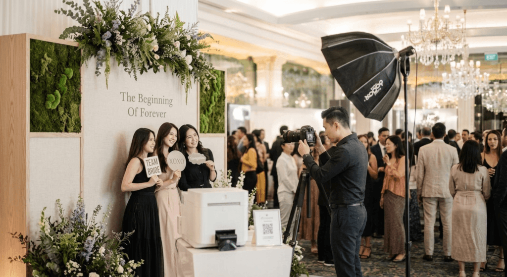 Jenis photobooth open booth dengan backdrop bunga di acara pernikahan