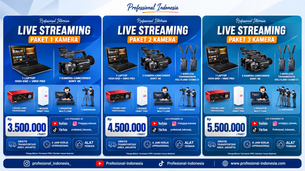 Paket Live Streaming Hybrid Professional Indonesia dengan pilihan 1, 2, dan 3 kamera lengkap dengan operator dan kameraman profesional