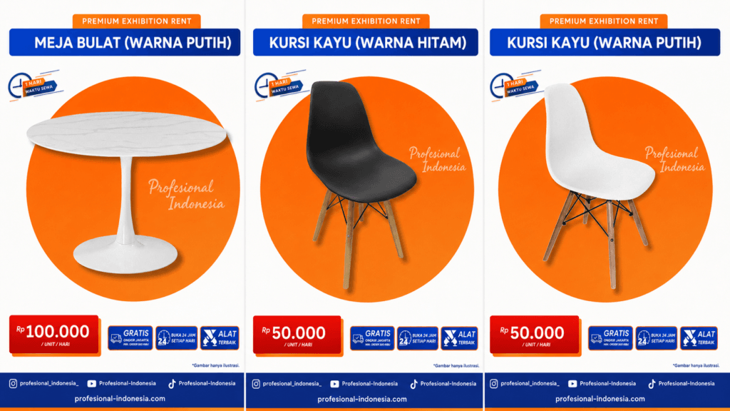 Sewa furniture pameran premium - meja bulat putih dan kursi kayu hitam putih dari Profesional Indonesia