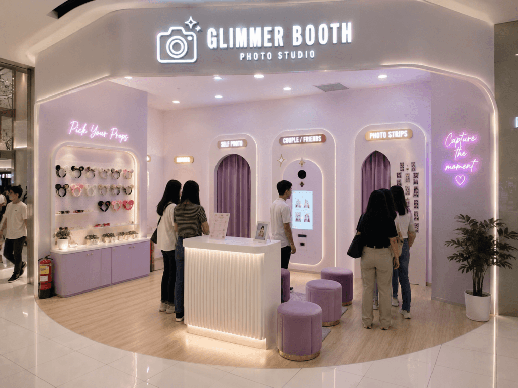 Interior studio photobooth bernuansa ungu pastel dengan photo strip, contoh referensi sewa photobooth murah berkualitas untuk acara