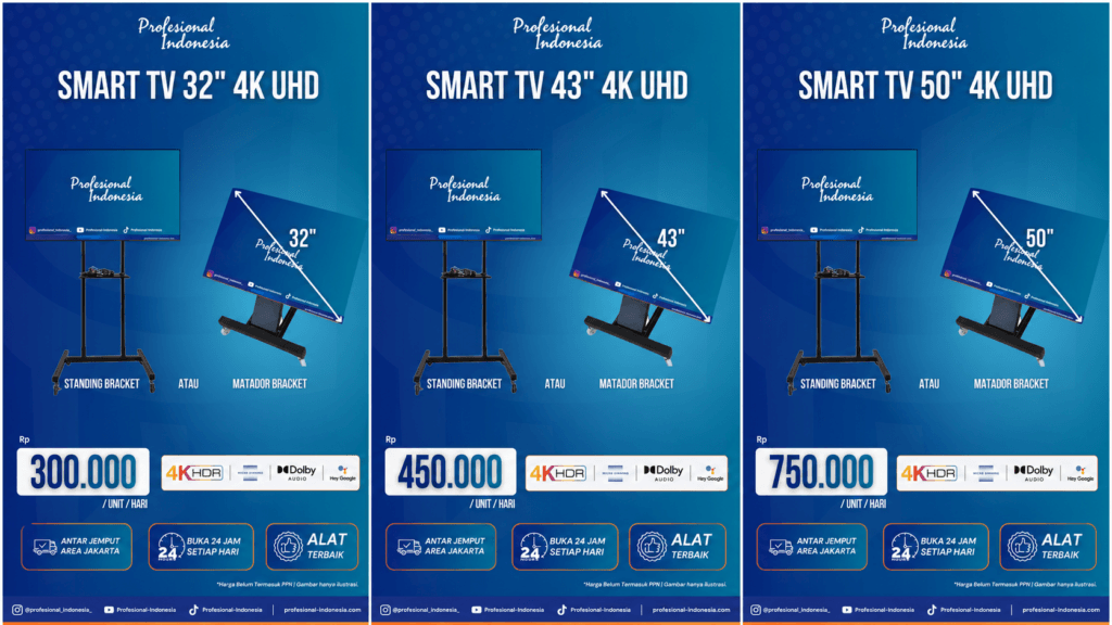Sewa Smart TV 32, 43, dan 50 inci 4K UHD untuk event di Jakarta, lengkap standing bracket dan matador bracket